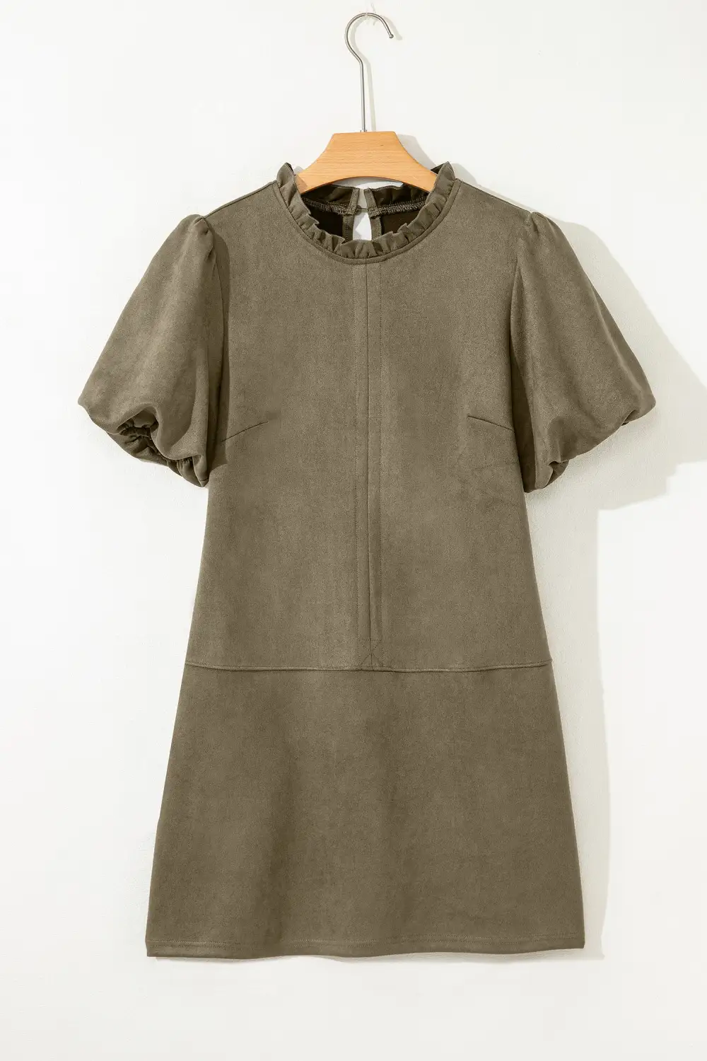 Polished Detail Round Neck Ruffle Puff Sleeve Mini Dress