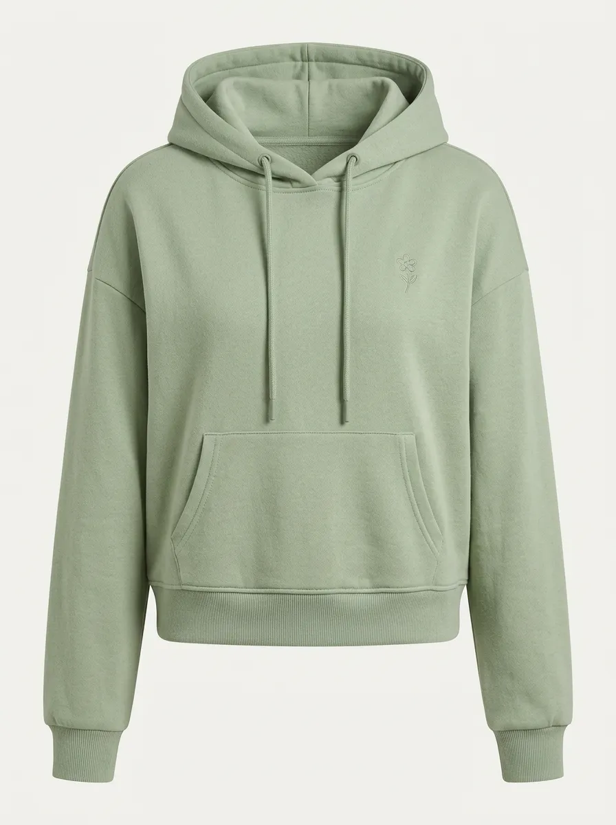 Women's Casual Minimalist Sage Green Small Flower Embroidered Hoodie