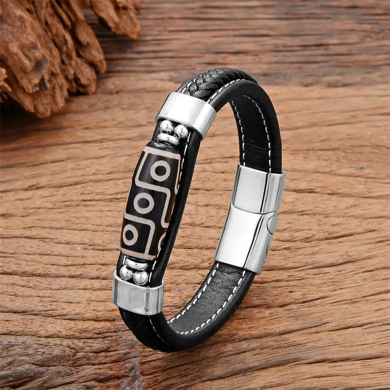 Eye Dzi Bead Leather Buckle Bracelet