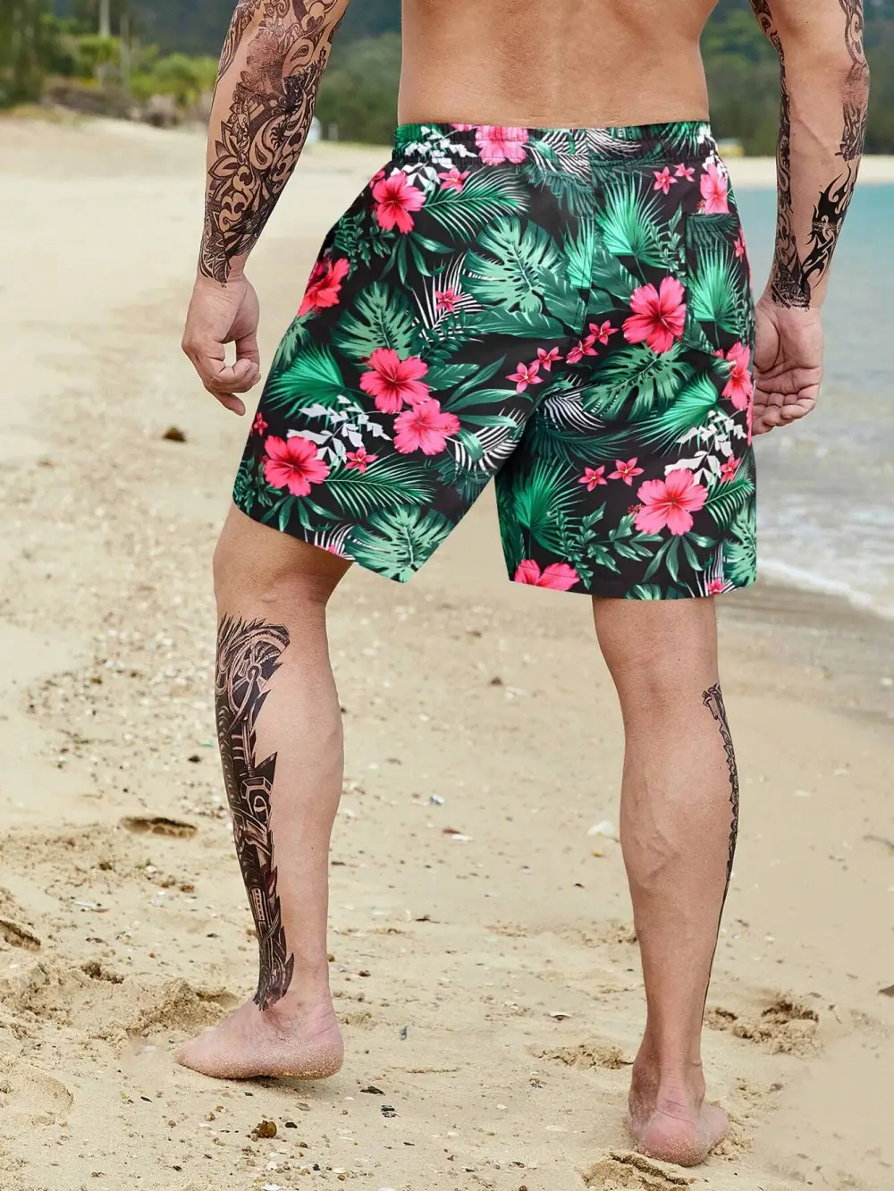 Men's Coastal Tropical Allover Print Drawstring Pocket Beach Shorts
