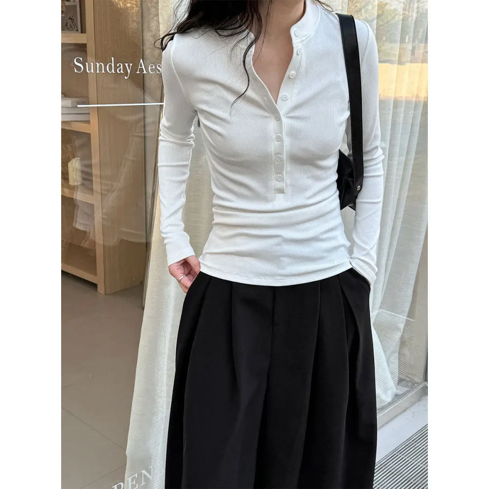 Minimal Slim Fit Single Button Long Sleeve T-Shirt