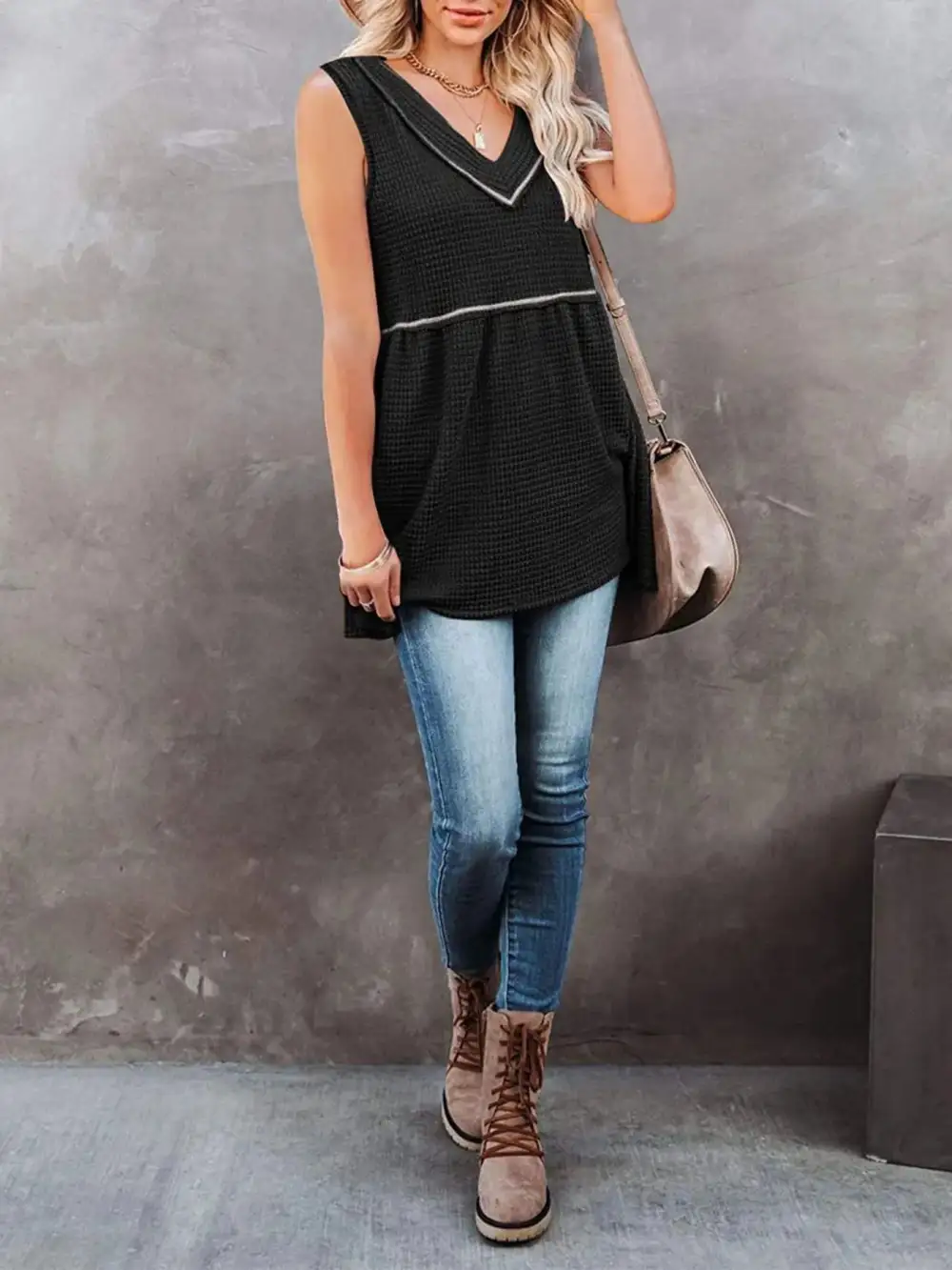 V-Neck Waffle Knit Tank Top With Contrast Stitching