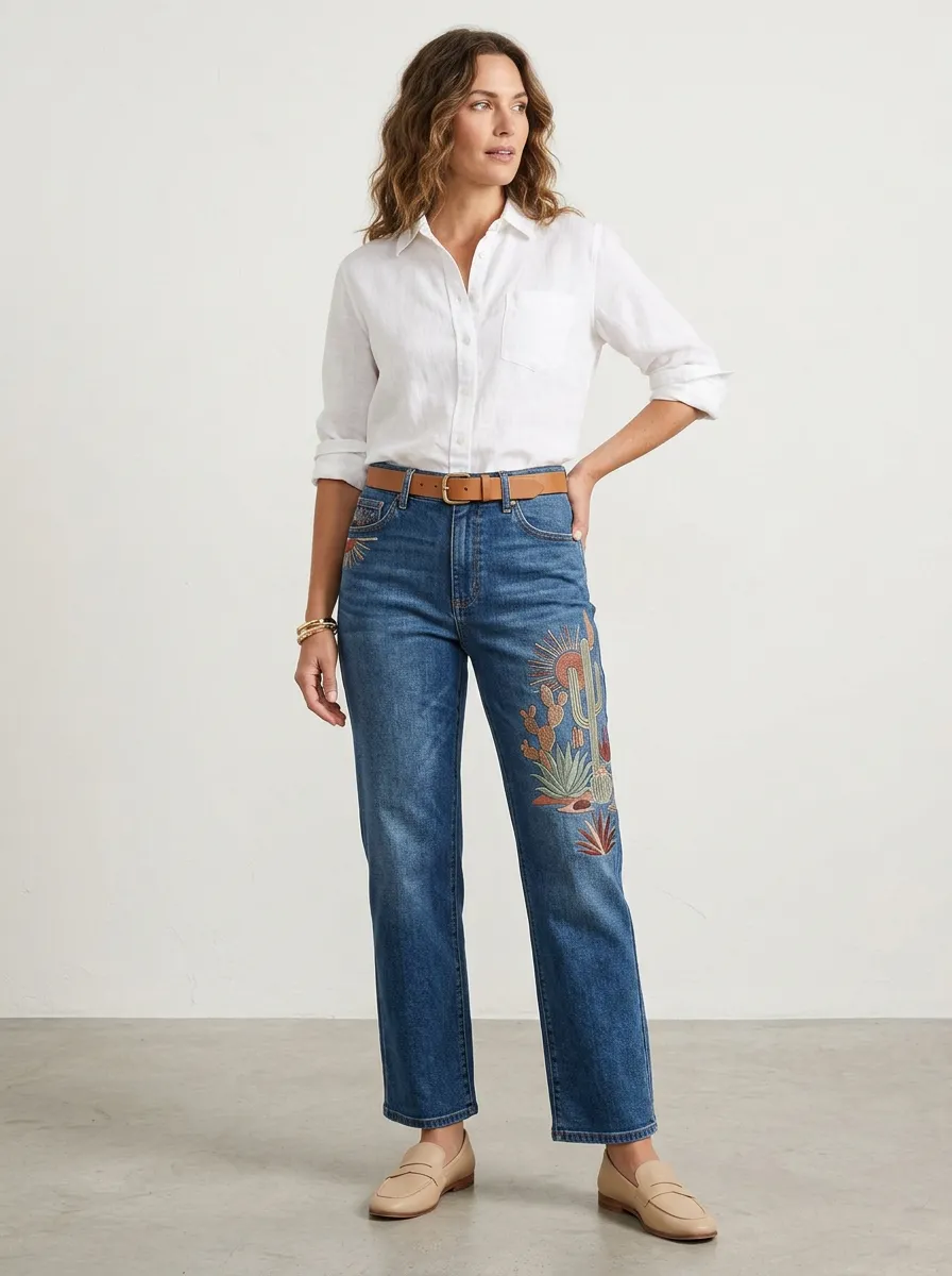 Women's Western Desert Cactus Embroidered Straight Leg Jeans