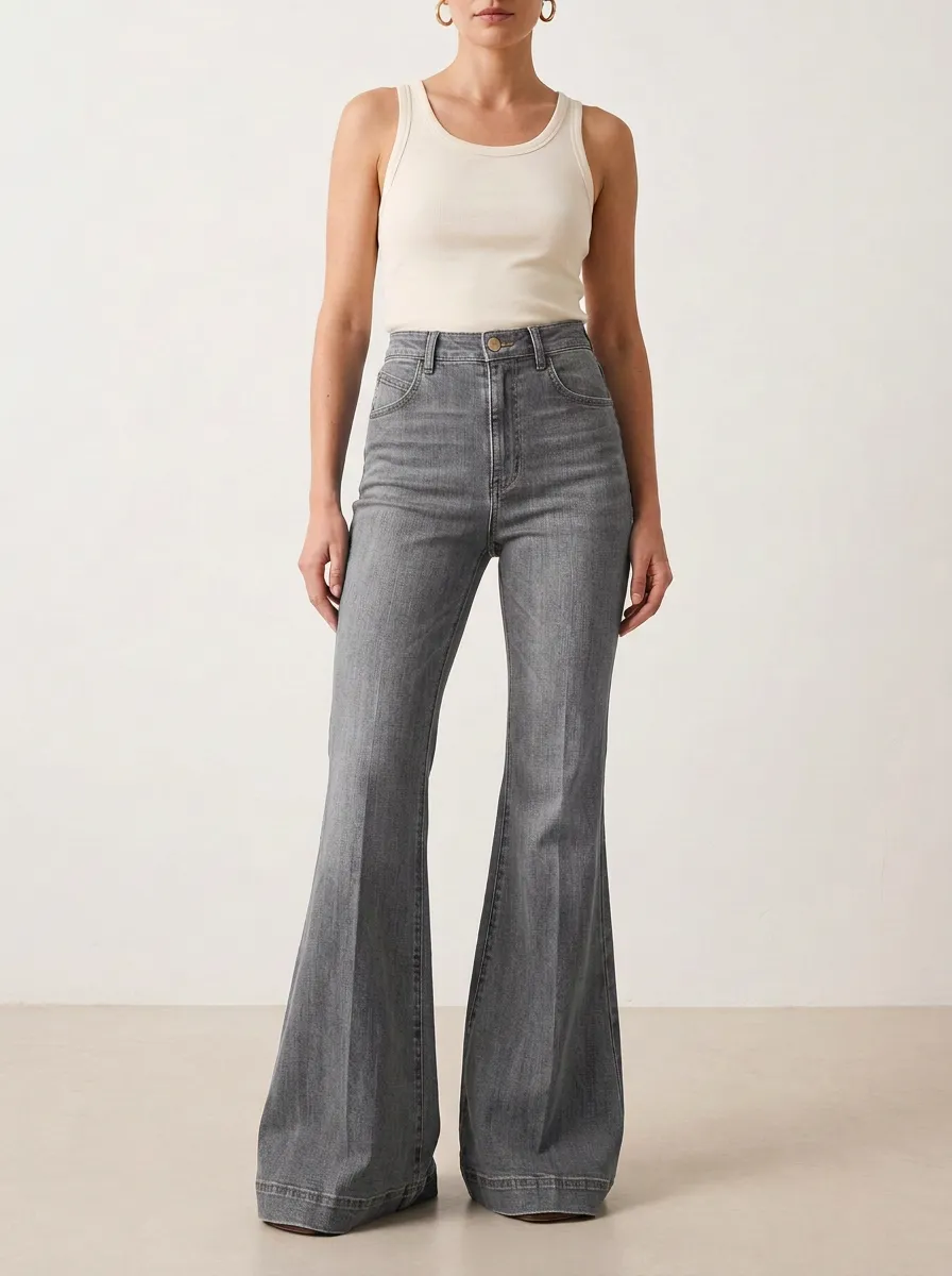Five Pocket Faded Finish High Rise Flare Jeans