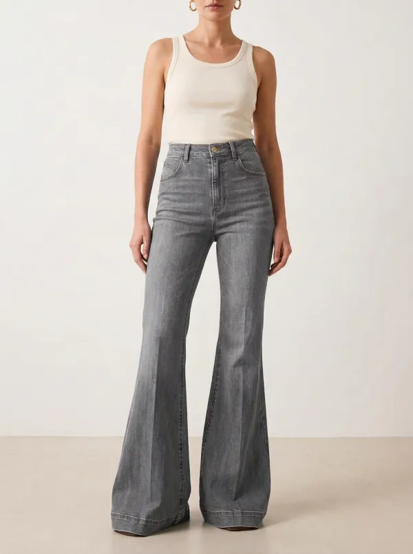 Five Pocket Faded Finish High Rise Flare Jeans