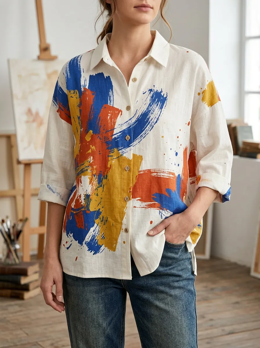 Women's Abstract Artist Paint Stroke Printed Shirt