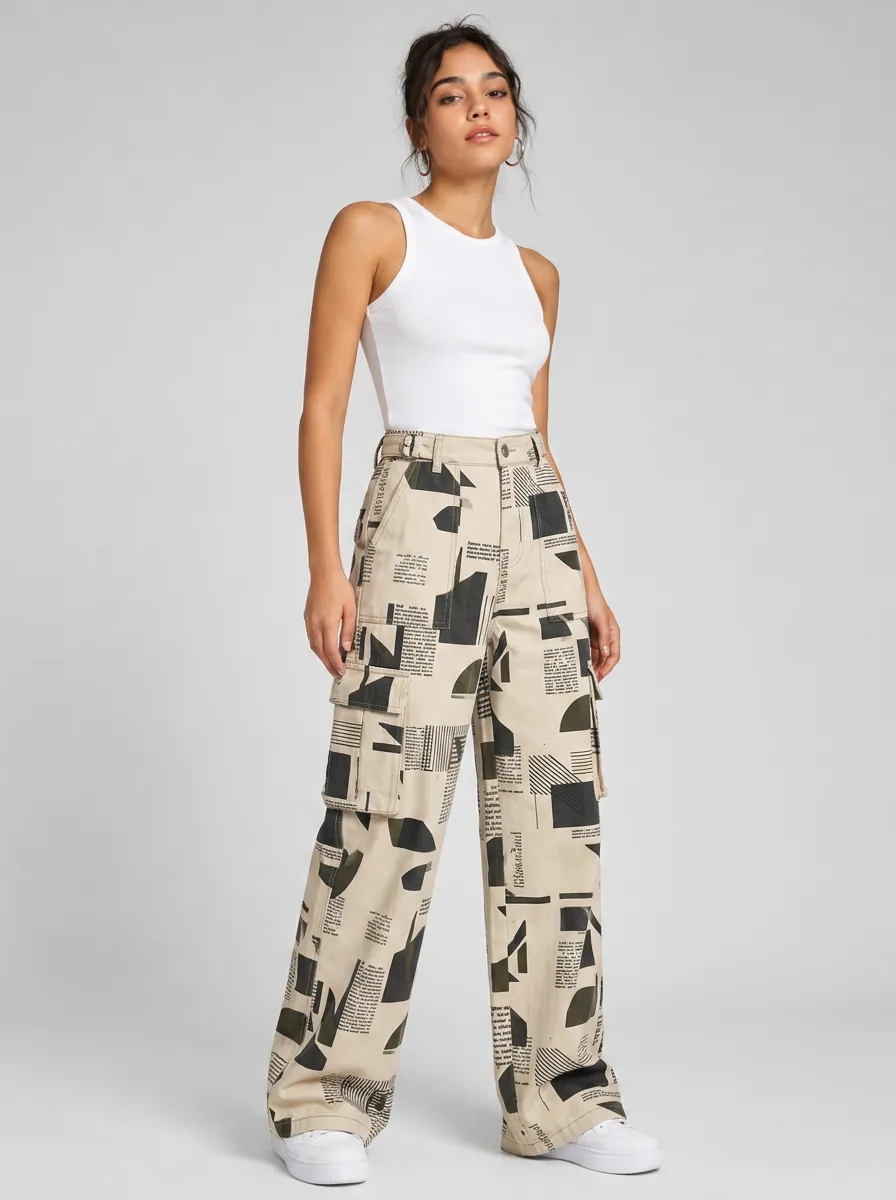Women's Streetwear Geometric Newspaper Printed Cargo Pants