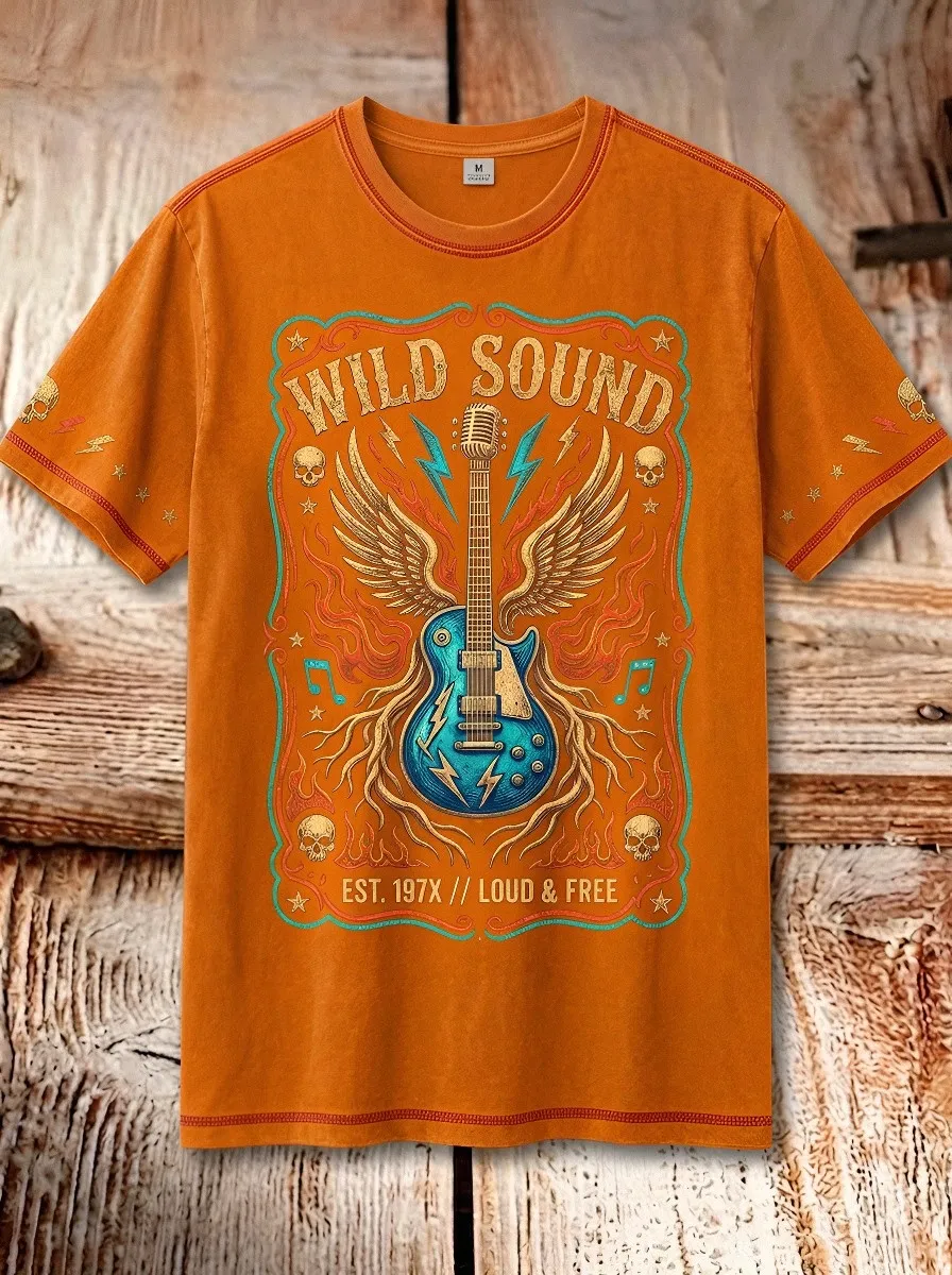 Men's Rock Music Lover Winged Guitar Skull Printed T-shirt
