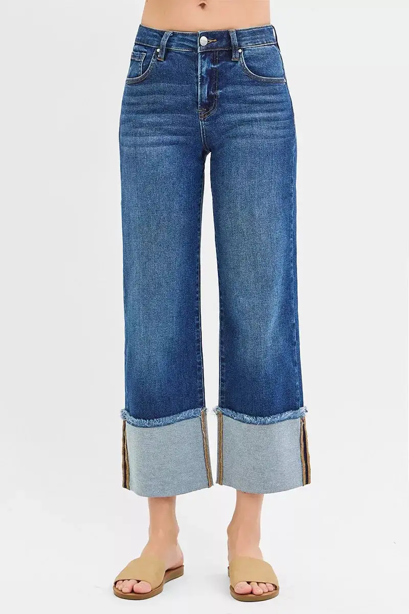 Mid Rise Wide Leg Cuffed Denim Jeans