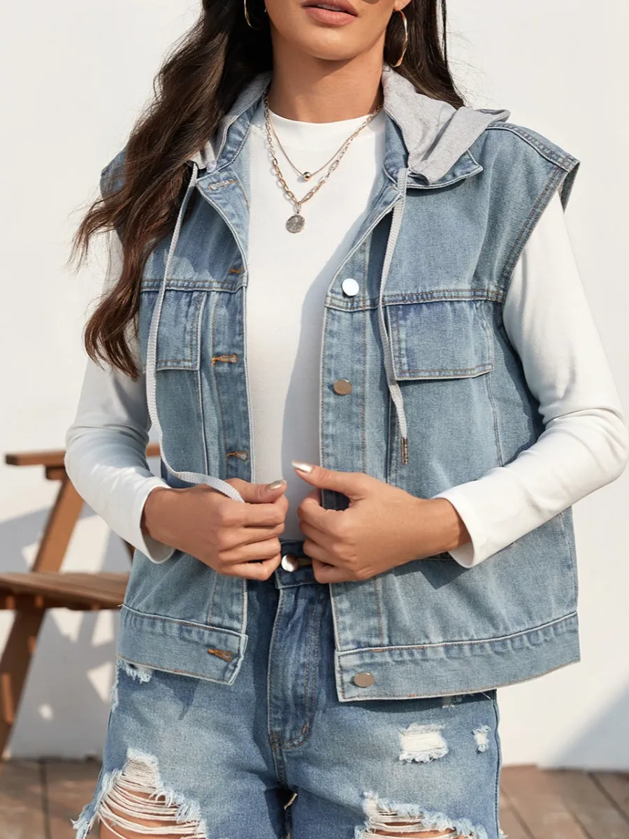Drawstring Button-up Sleeveless Denim Jacket