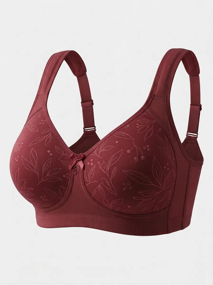 Women's Plus Size Beige Botanical Leaf Full-Coverage Bow-Detail Wireless Bra