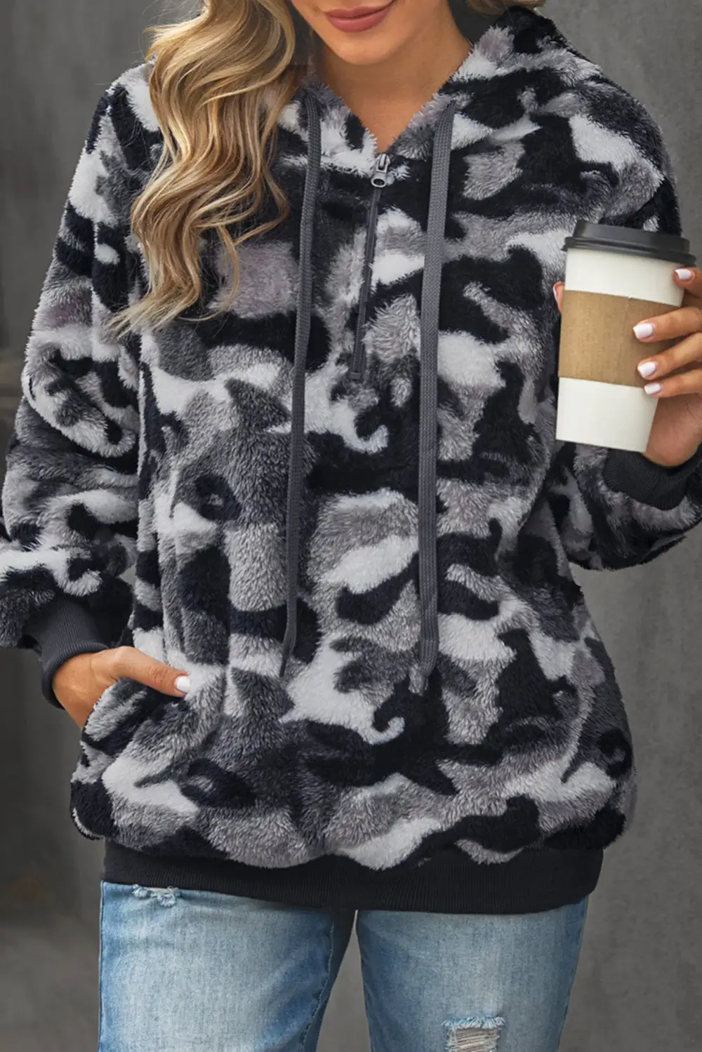 Camo Print Warm Furry Hoodie