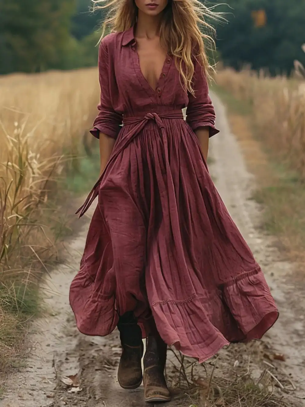 Tie Waist Ruffle Long Sleeve Dress Casual