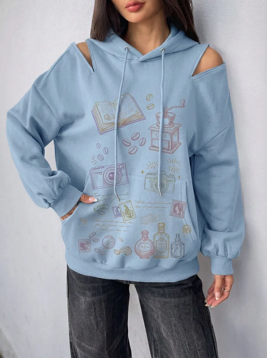 Women's Vintage Hobby Coffee Camera Printed Cold Shoulder Hoodie