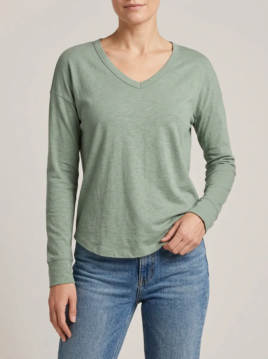 Casual Style V Neck Ribbed Texture Women's Long Sleeve Tee