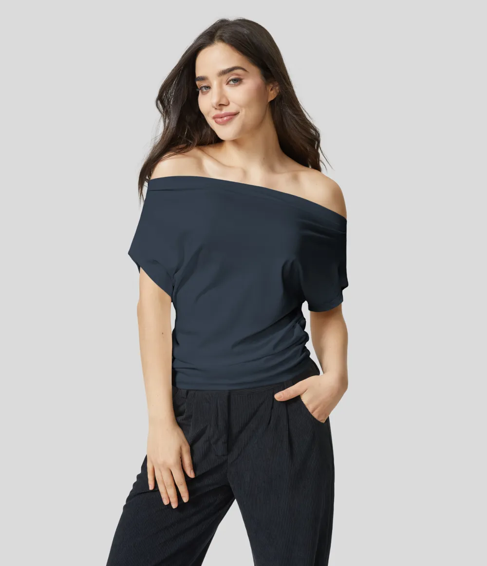 Off Shoulder Short Sleeve Ruched Casual Cotton Top