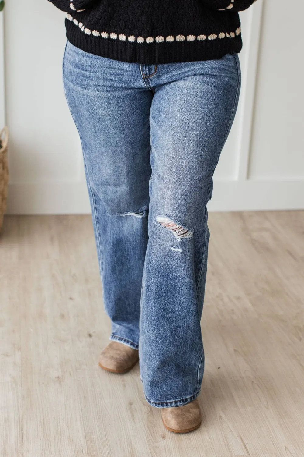 High-Rise Straight Leg Distressed Jeans
