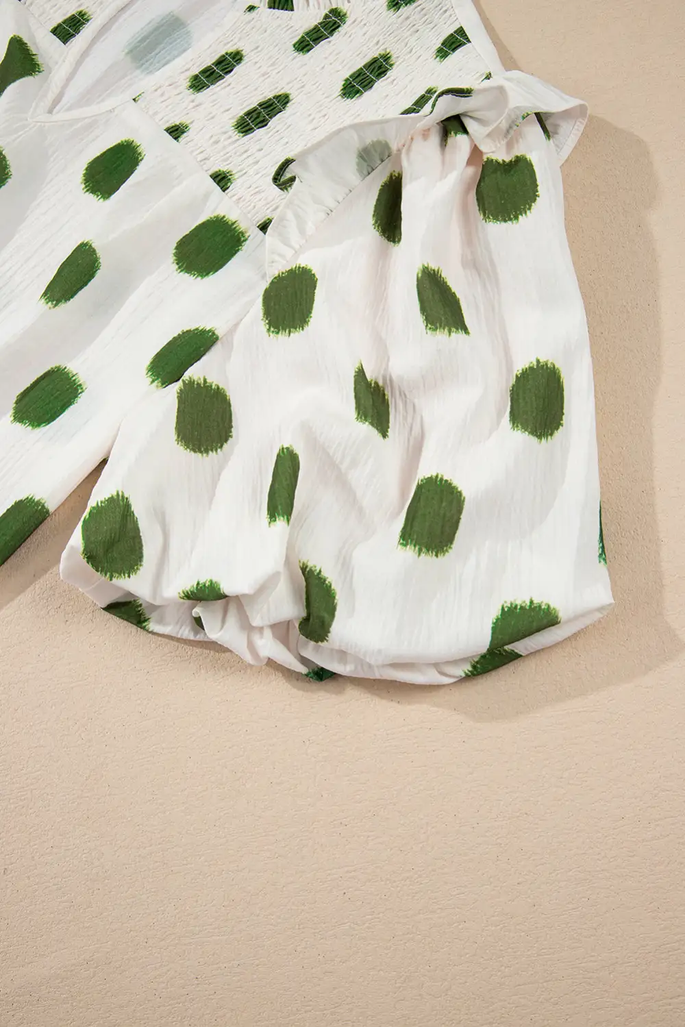 Apricot Polka Dot Print Shirred Yoke Notched Neck Balloon Sleeve Blouse