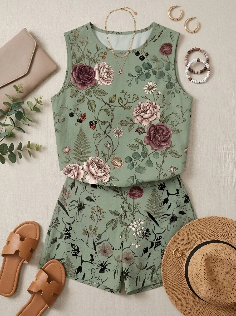 Women's Botanical Garden Floral Printed Sleeveless Shorts Set