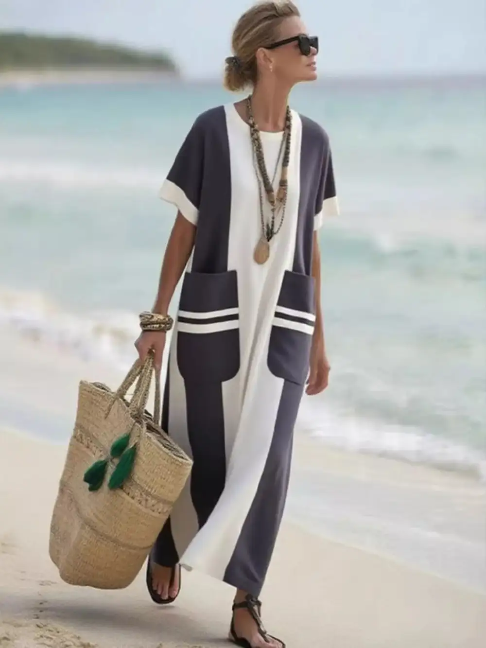 Patchwork Pocketed Short Sleeve Dress Casual
