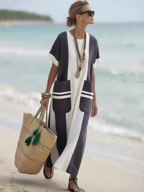Patchwork Pocketed Short Sleeve Dress Casual