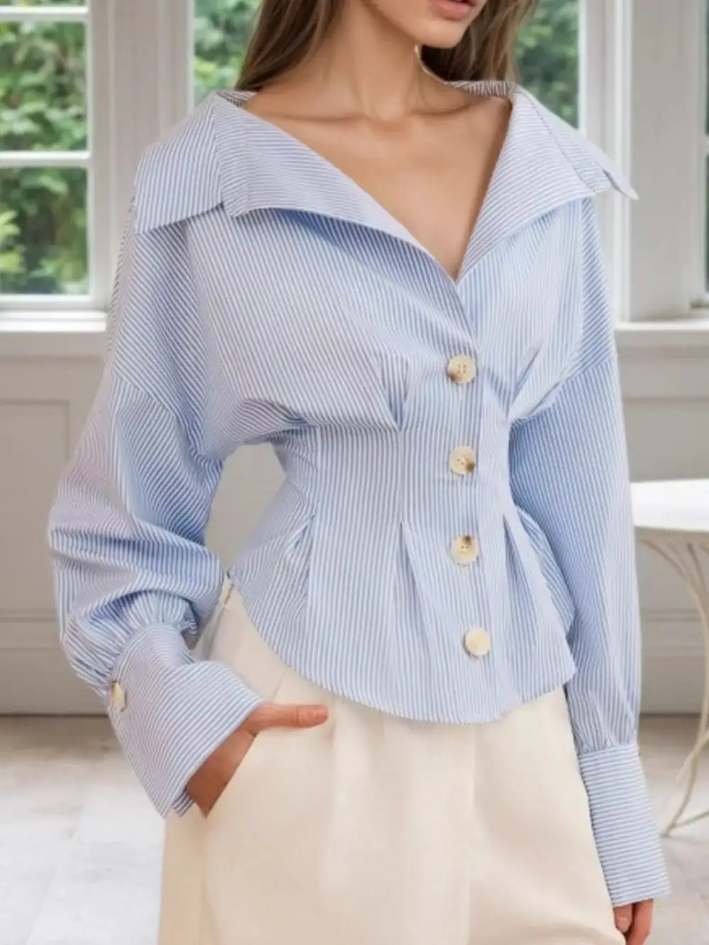 Long-Sleeve Denim Velvet Striped Shirt