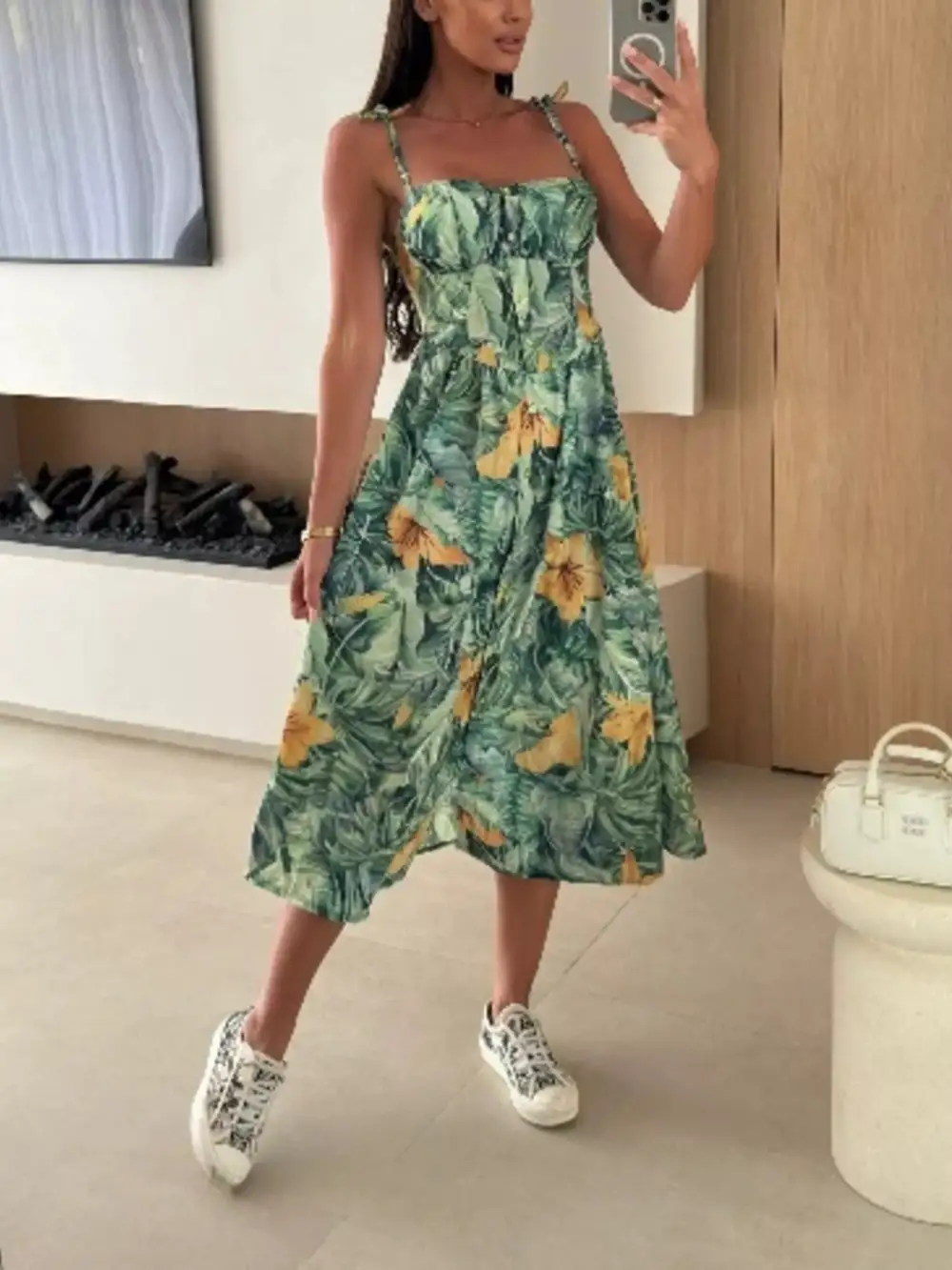 Printed Tie-strap Midi Dress