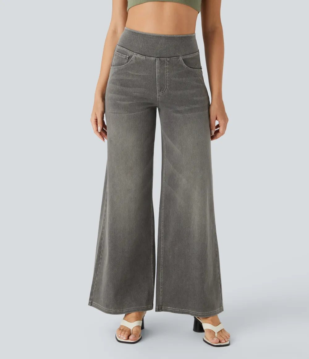 2026🔥  High Waisted Multiple Pockets Baggy Wide Leg Washed Stretchy Knit Casual Jeans