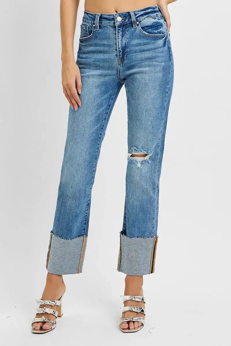 Balanced High Waist Wide Leg Cuffed Denim Jeans