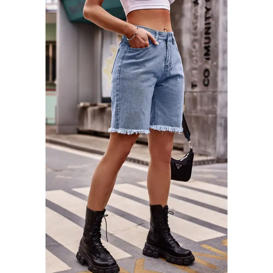 Raw Hem Denim Shorts with Pockets
