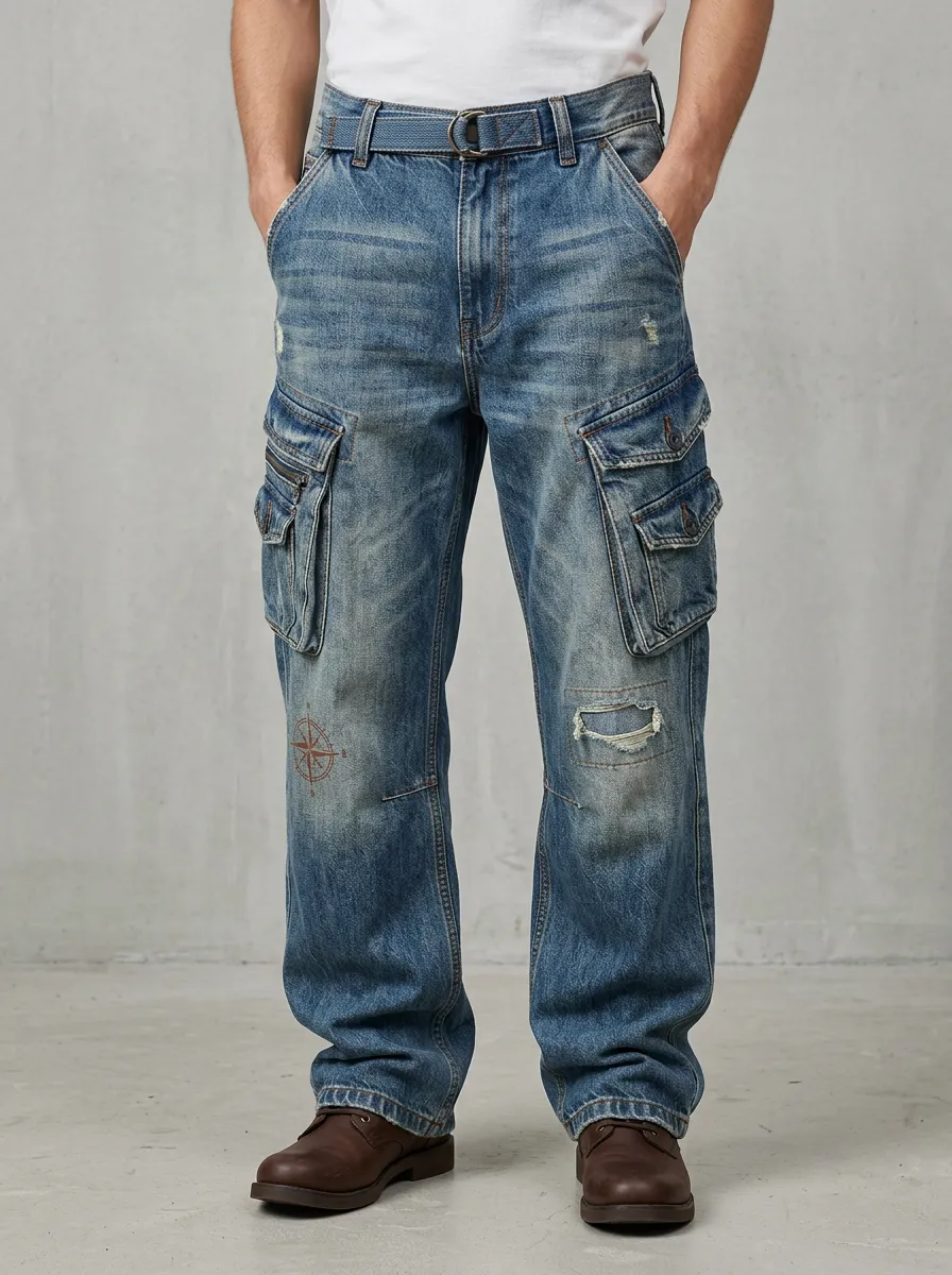 Men's Vintage Compass Distressed Denim Cargo Jeans