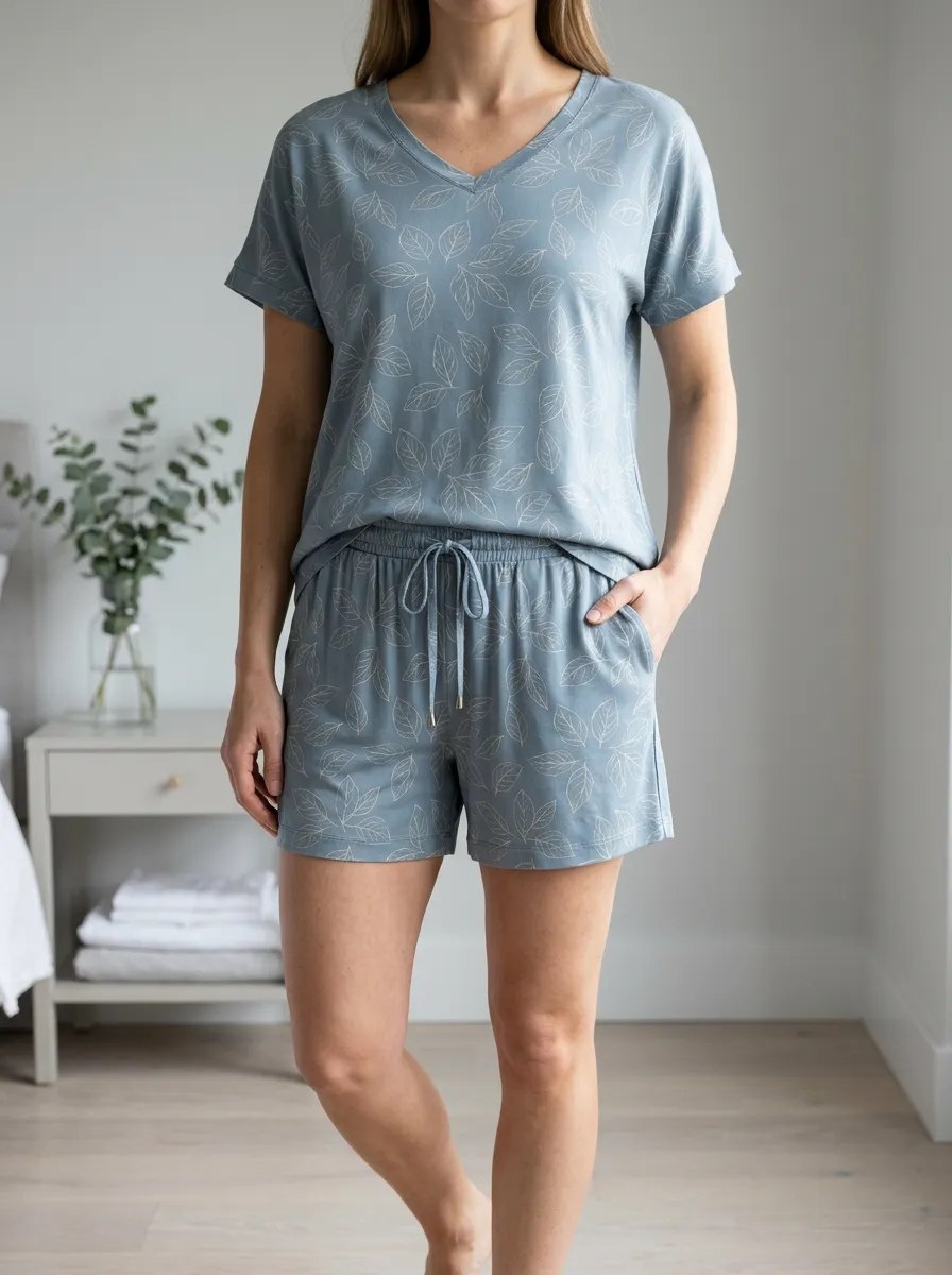 Women's Botanical Leaf V Neck Short Sleeve Drawstring Pajama Top
