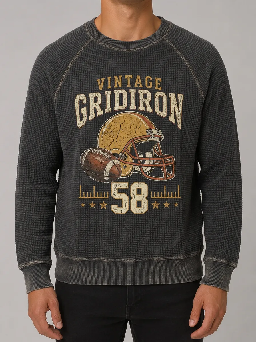 Men's Charcoal Waffle Knit Graphic Crewneck Sweatshirt