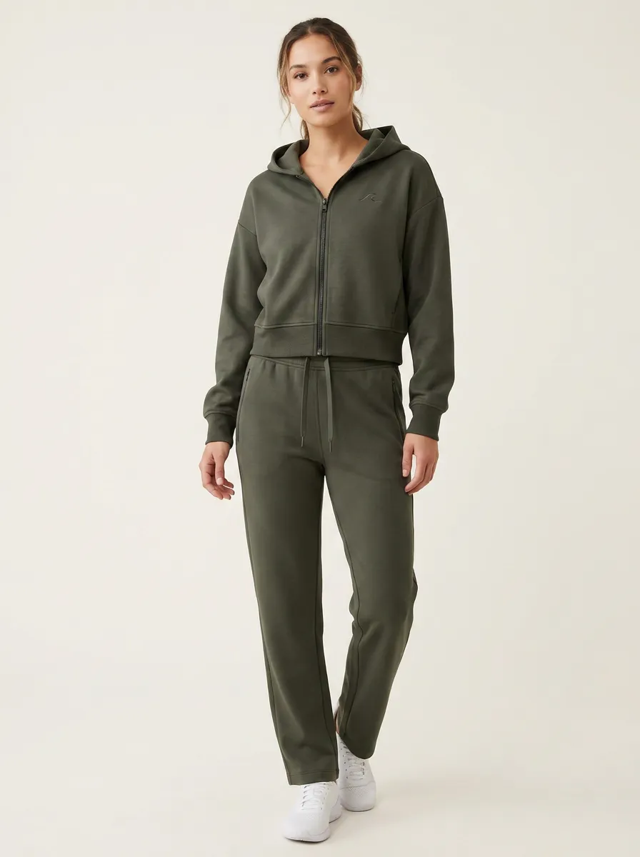 Women's Olive Green Minimalist Wave Embroidered Zip-up Hoodie Jogger Set