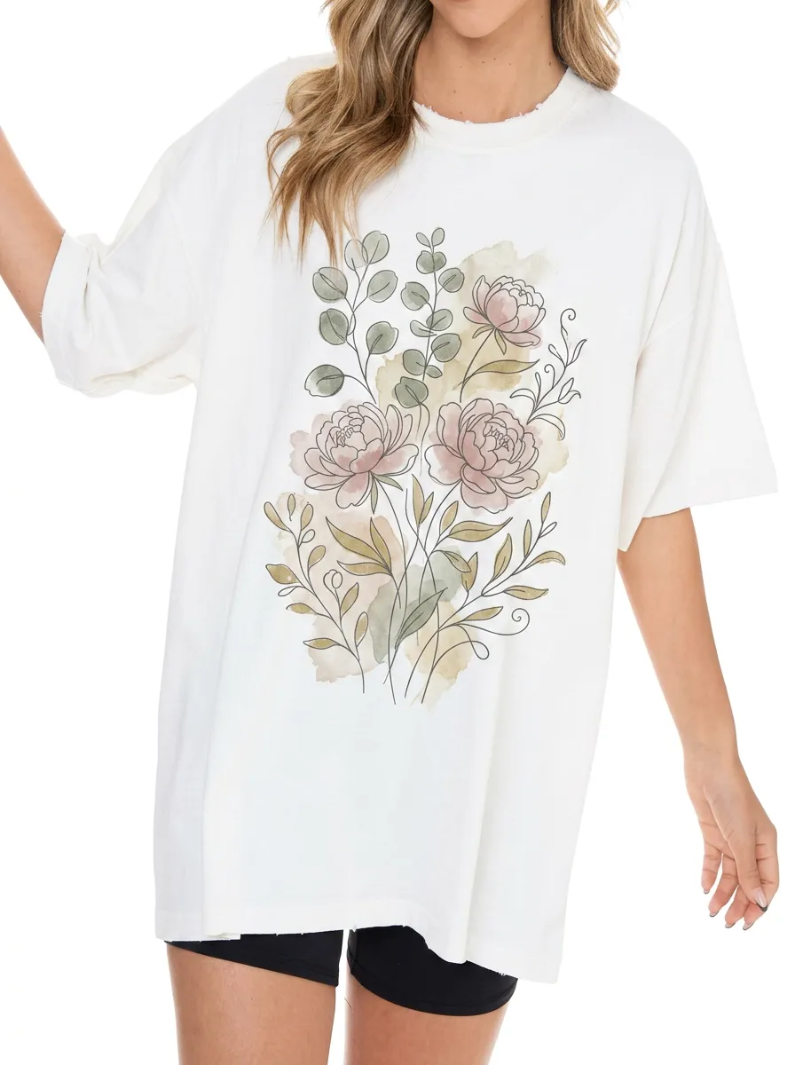 Women's Botanical Floral Watercolor Peony Printed T-shirt