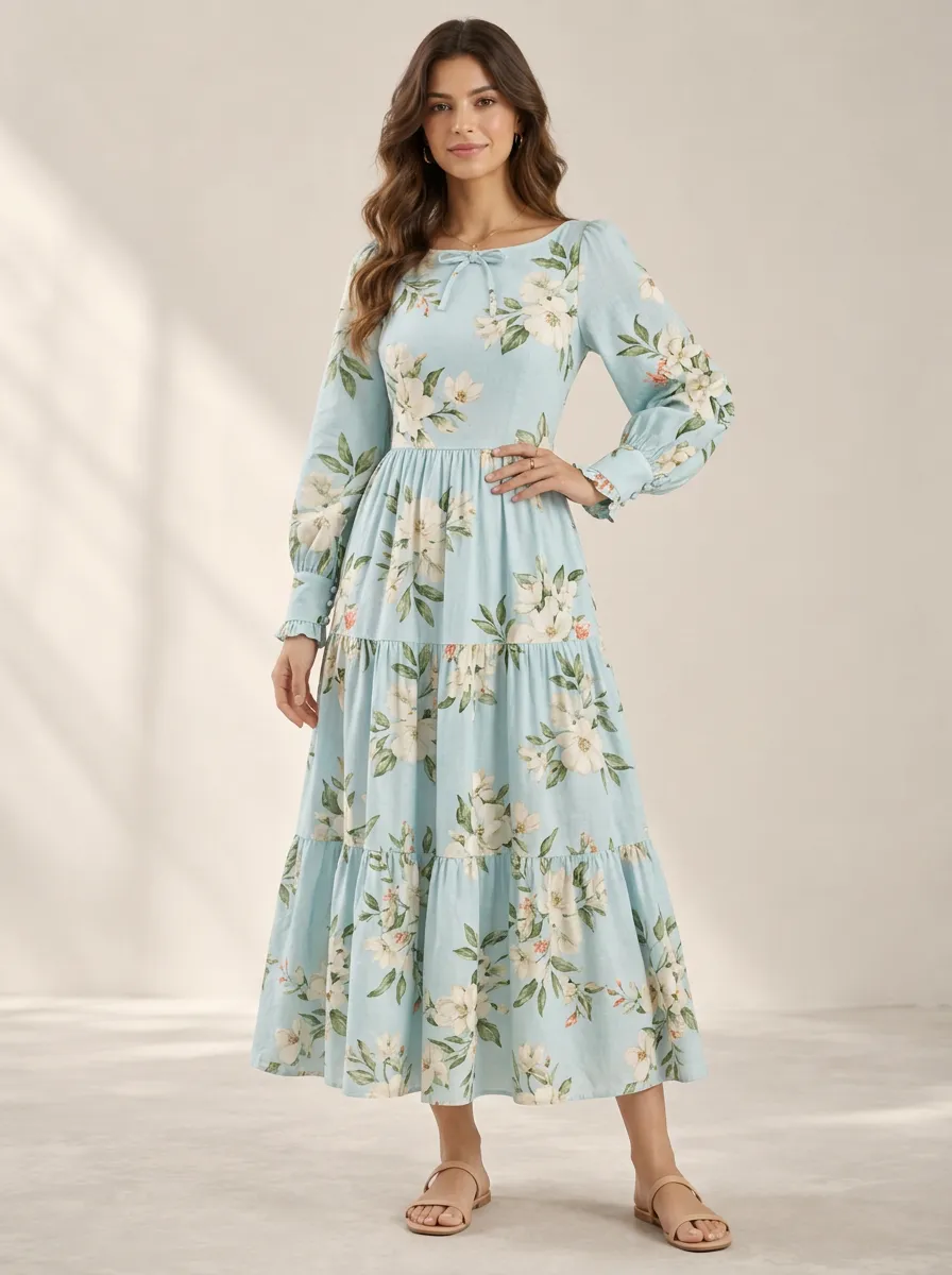 Women's Pattern Focused Floral Garden Print Maxi Dress