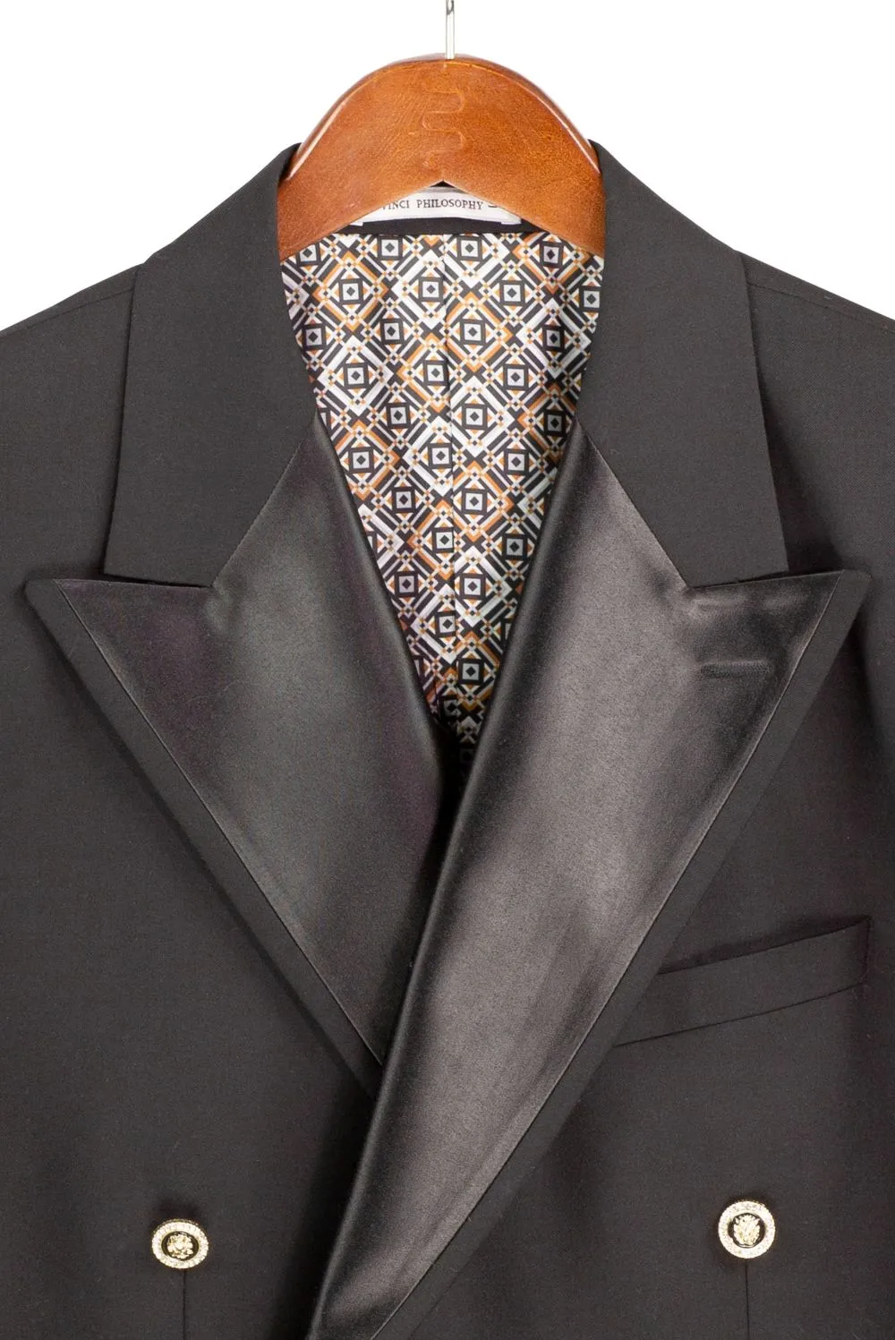Black Modern Fit Satin Double Breasted Peak Lapel Side Vents Blazer