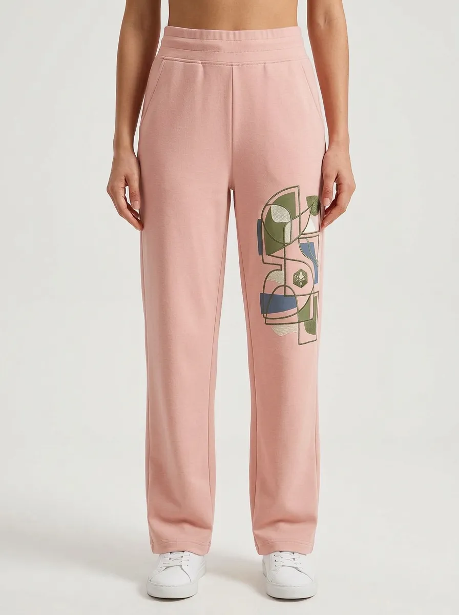 Women's Beige Geometric Graphic Straight-Leg Sweatpants