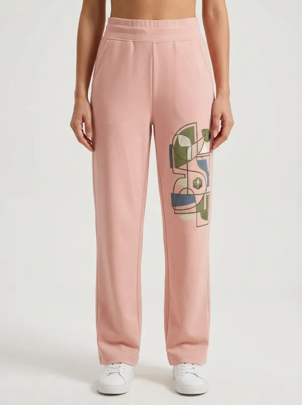 Women's Beige Geometric Graphic Straight-Leg Sweatpants