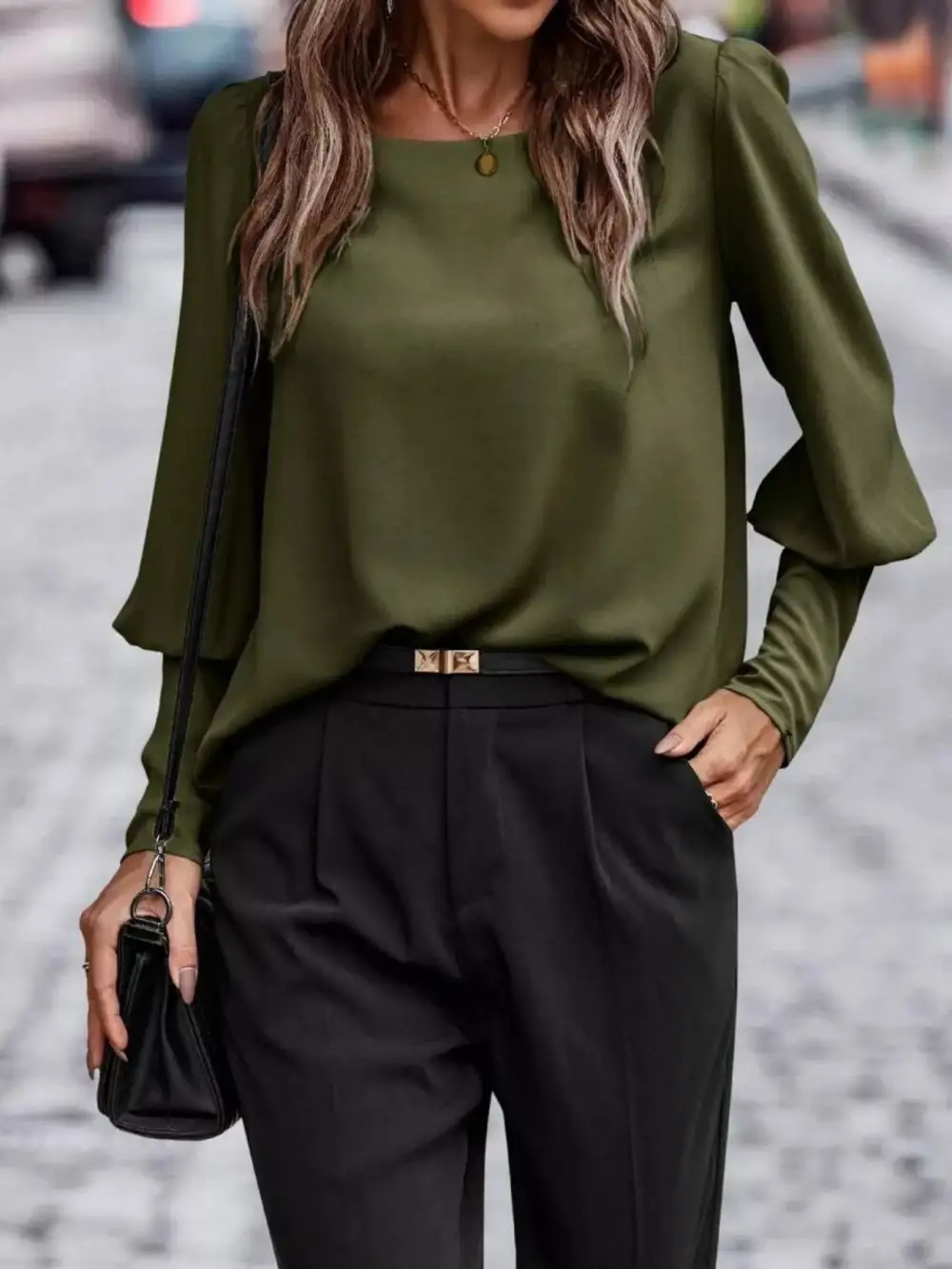 Back Button Lantern Sleeve Blouse