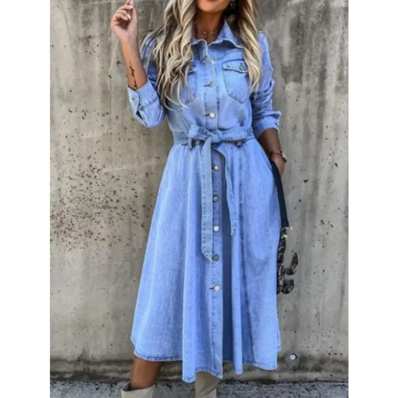 Plus Size Tie-Waist Button-Front Denim Shirt Dress