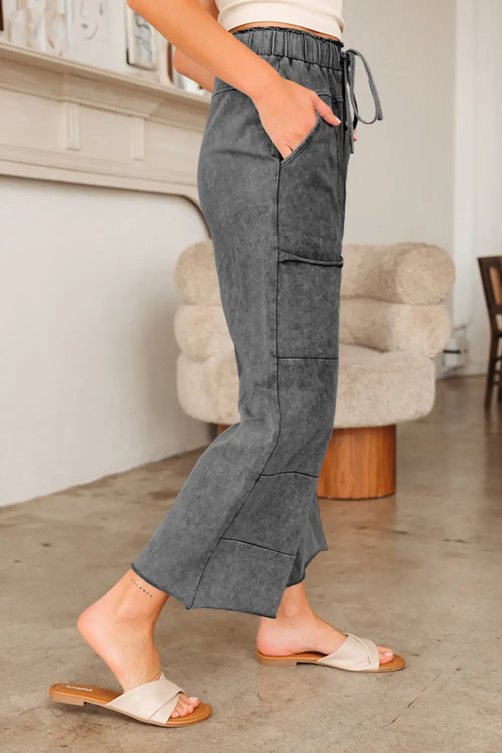 Wash Lace Up High Waist Raw Hem Patched Pocket Trousers
