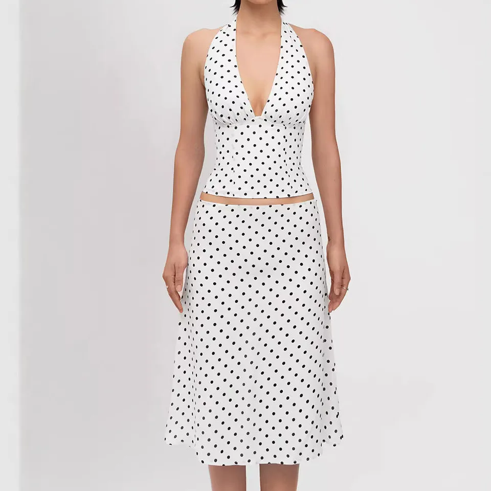 Ribbed Polka Dot Halter Top Low Waist Skirt Set