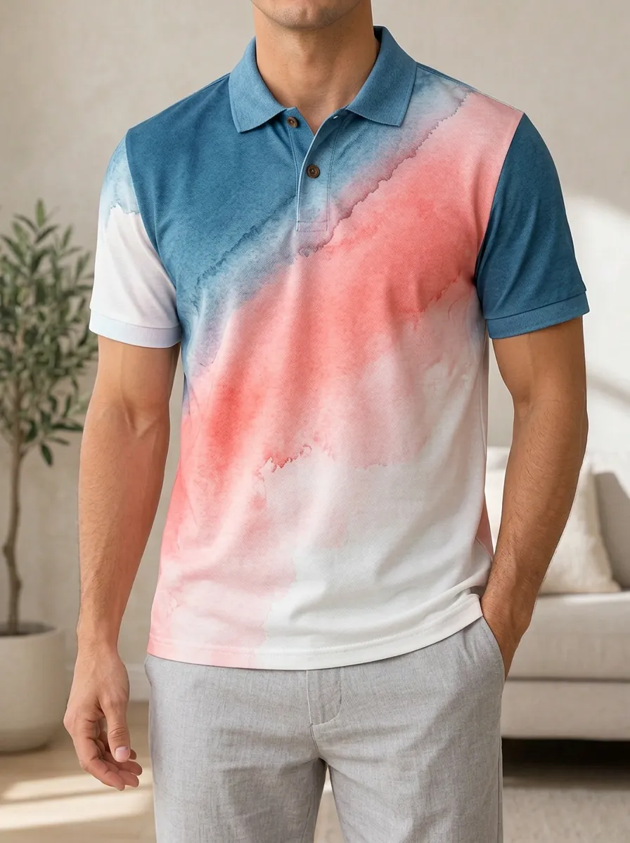 Men's Blue and Pink Watercolor Abstract Printed Polo Shirt