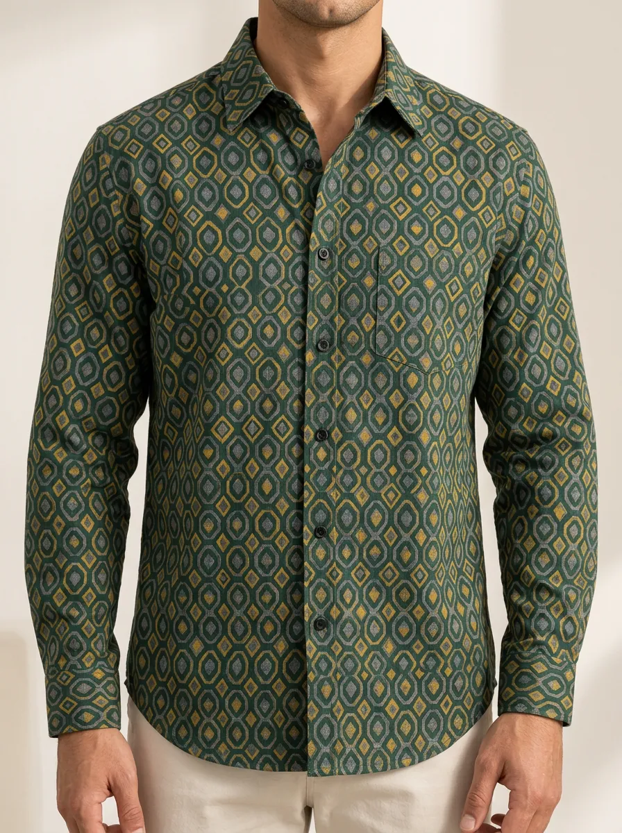 Men's Geometric Print Detail Button Shirt