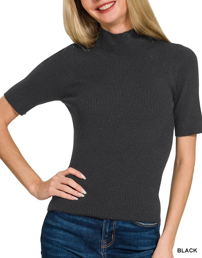 Ribbed Mock Neck Short Sleeve Sweater Top