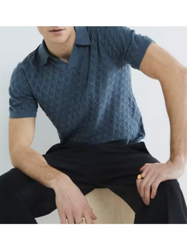 Men's Fashion Casual Blue  Short Sleeve Polo Shirt Pure Cotton Short Sleeve