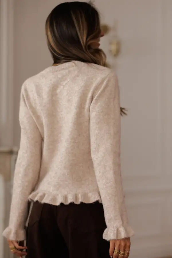 Ruffle Trim Button Front Contrast Trim Cardigan