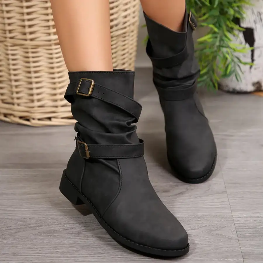 Mid Calf Buckle Strap Boots