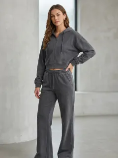 Women's Modern Washed Vintage Inspired Sport Inspired Cropped Hooded Jacket and Flare Pants Active Set
